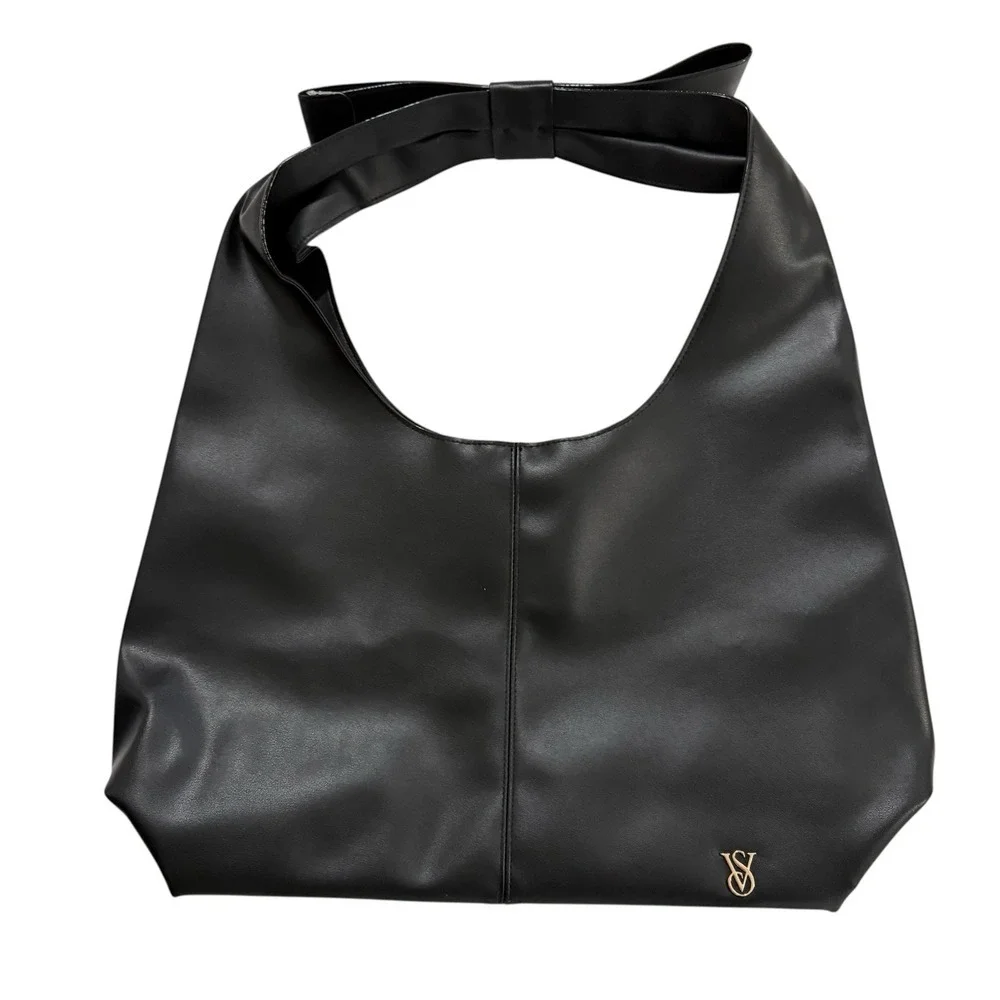 Victoria's Secret VS Bow Tote Bag Large Black Hobo Slouchy Faux Leather